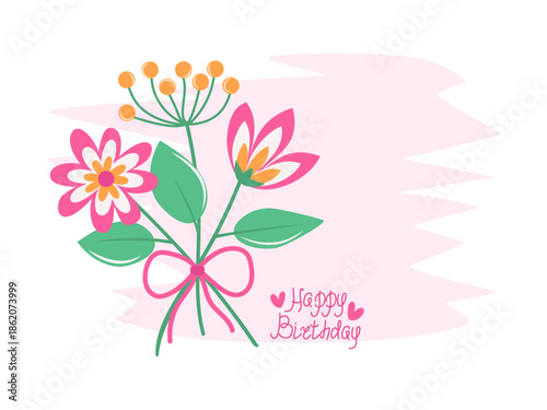 Abstract flower bouquet. Happy birthday greeting text. Bow and hearts. Handwritten lettering, design for postcards, greeting cards, and invitations. Isolated on white background.