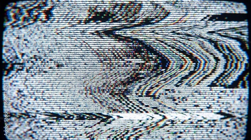 Abstract Glitch Art Background with Analog TV Static Noise and Distorted Screen Lines. Distressed Texture Overlay, Signal Interference, Retro VHS Effect.