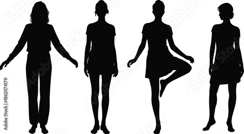 Female standing silhouettes vector set showing casual woman poses, black fashion body shapes for lifestyle, yoga and modern design illustration collection
