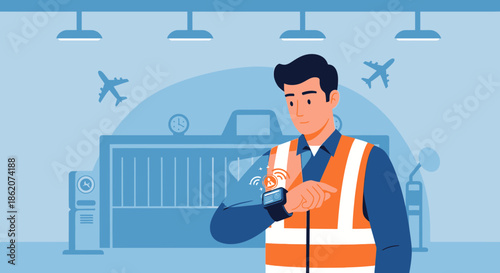 Airport worker utilizes smart watch for real-time data monitoring and communication improving safety