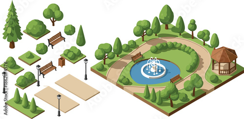 City park illustration set, trees and benches elements, fountain and gazebo landscape, green outdoor environment design, urban garden isometric graphics