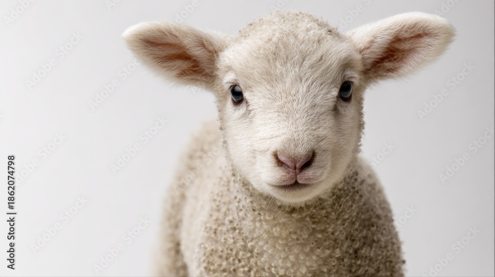 Fototapeta premium Adorable Close-Up of a Fluffy Lamb with Innocent Eyes Isolated on White Background