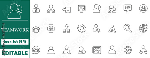 Professional set of 24 flat teamwork icons in teal color. High-quality editable symbols for leadership, group collaboration, business management, corporate strategy, and office communication.