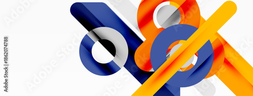 Abstract geometric shapes overlap, creating dynamic composition. Blue, orange, gray tones dominate design. Modern aesthetic.