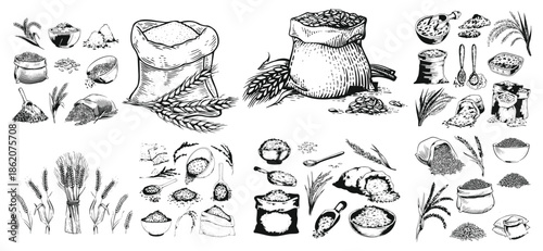 Rice set, bag, wooden bowl, spatula, spoon, handful of rice, wooden bowl. Grains in sack and scoop vector set