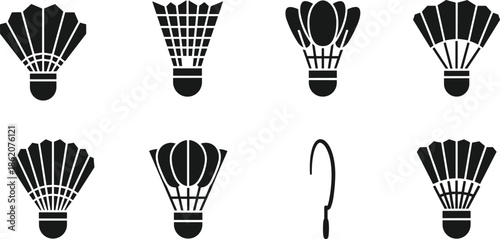 Collection of black badminton shuttlecock silhouettes with feather patterns and cork bases isolated on white background vector illustration design for sport game