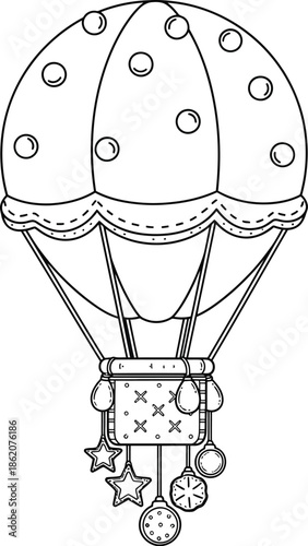 Black-and-white line art cookie shaped like floating hot-air balloon whimsical detailed coloring page illustration fantasy