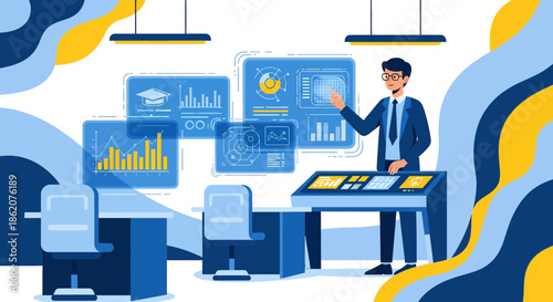 Analyst presenting data insights on futuristic screens for business strategy briefing