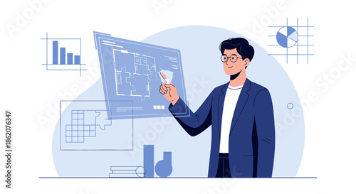 Architect exploring blueprint digitally on a transparent interface, innovation and building