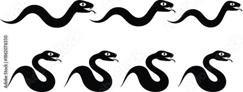 Collection of black snake silhouettes with different curved shapes, reptile icons featuring venomous serpent designs for wildlife, danger, and nature illustrations
