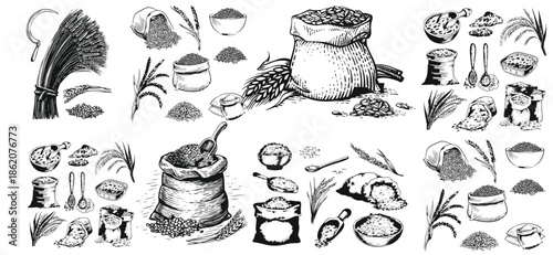 Rice set, bag, wooden bowl, spatula, spoon, handful of rice, wooden bowl. Grains in sack and scoop vector set