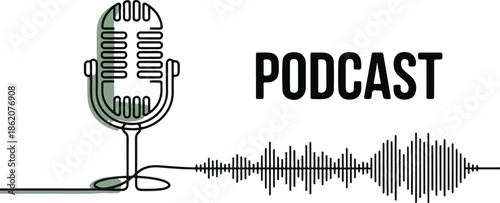Continuous one line drawing of podcast microphone. Suitable for banner music, webinar, online training. Vector illustration