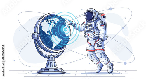 Astronaut interacts futuristic globe projecting waves showcasing global connectivity