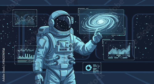 Astronaut interacting with advanced space exploration data interface futuristic design