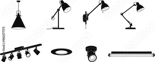 Collection of ceiling lamps, desk lamps, wall lights and spotlights, modern lighting fixture silhouettes for interior design elements, cad drawing flat vector illustration