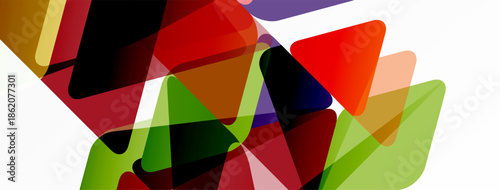 Abstract composition featuring overlapping colorful shapes. Geometric forms create dynamic visual texture, vibrant hues dominate.