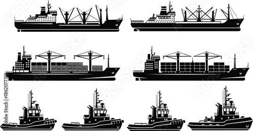Collection of cargo ships and tugboat silhouettes, ideal for maritime transport, shipping industry graphics, nautical illustrations, logistics concepts, and port operations