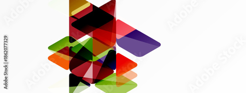 Abstract composition. Overlapping translucent squares create dynamic visual effect. Colors vary, ranging from red to green. Minimalist design.