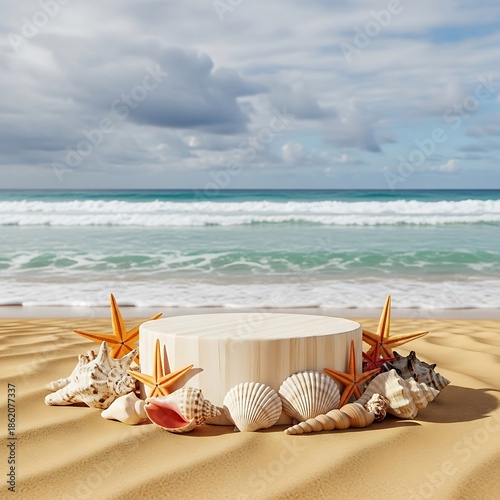 Beachfront Product Display - Seashells and Starfish on Sandy Shore.