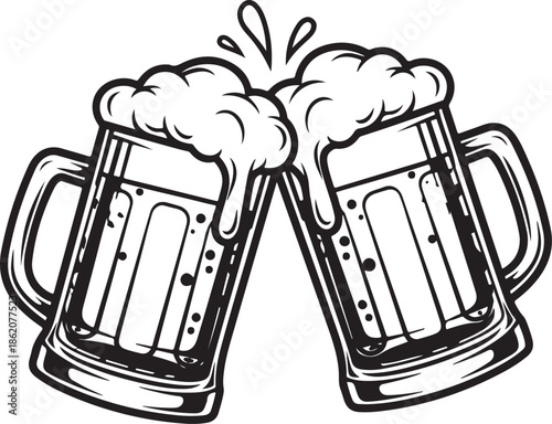 Two Beer Mugs Clinking Together Celebration Illustration