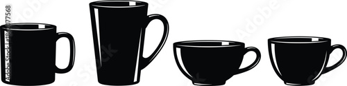 Collection of coffee mug and teacup silhouettes, drinkware icons for kitchen and beverage design elements, simple minimal style, cad drawing flat vector illustration