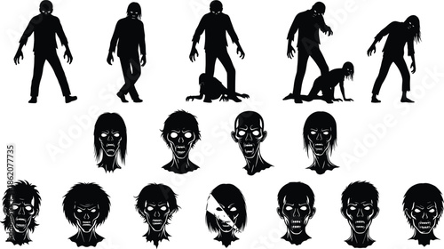 zombie silhouettes set, horror undead collection, black vector walking dead monsters, scary poses, halloween apocalypse clipart bundle