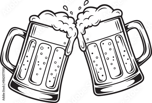 Two Clinking Beer Mugs with Foam Cheers Celebration