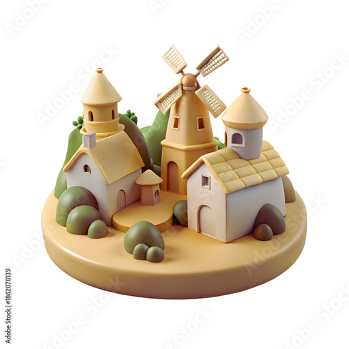 Cartoon Village 3D Illustration Featuring Windmill, Tower, Bushes, Hills, and Whimsical Architecture in Monochrome