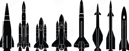 rocket silhouettes set, space launch vehicle collection, black vector spacecraft missiles, futuristic aerospace designs, exploration clipart bundle