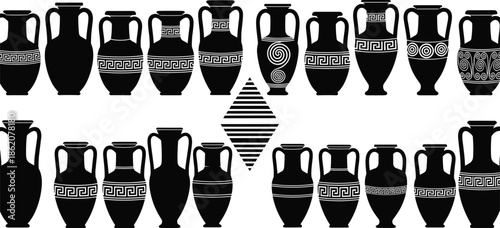 greek vase silhouettes set, ancient pottery amphora collection, black vector ceramics, classic hellenic ornaments, museum artifact clipart bundle