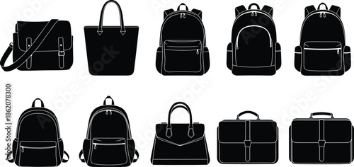 bag silhouettes set, backpack and handbag collection, black vector travel accessories, school office packs, fashion luggage clipart bundle