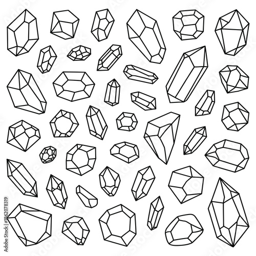 Abstract illustration of various geometric crystals and faceted gemstones in a minimalist outline style