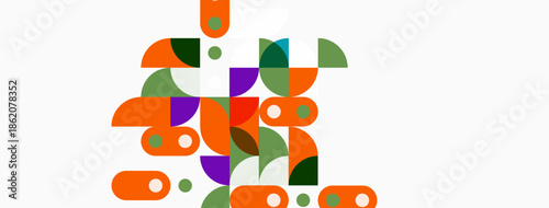 Abstract geometric shapes, vibrant colors, modern design. Composition features overlapping circles, segments, playful arrangement.