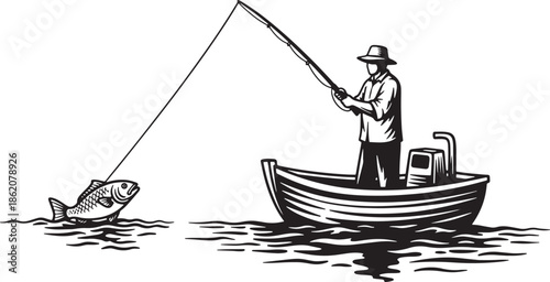 Man fishing from small wooden boat in calm water