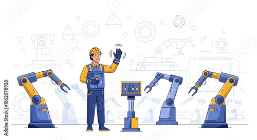 Automated future factory operations with skilled engineer monitoring robotic arms production line