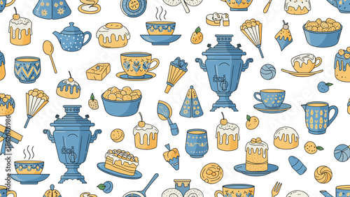 Traditional Russian tea culture is captured in a seamless pattern featuring samovars, teacups, cakes, and other folk-themed food items.