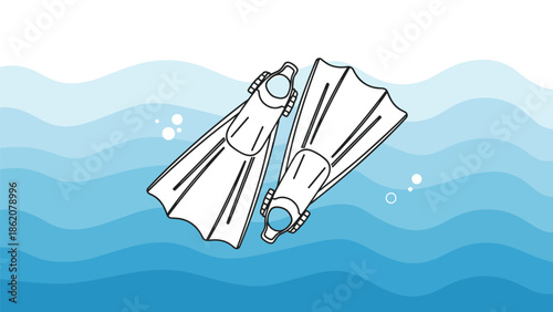 Pair of white snorkeling fins is shown floating on top of stylized blue ocean waves with bubbles, representing summer water activities.