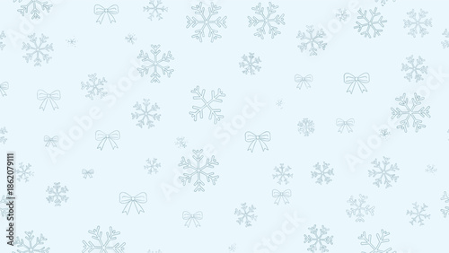 Delicate winter pattern features small light blue snowflakes and tiny bows scattered across a pale blue background for a soft holiday feel.