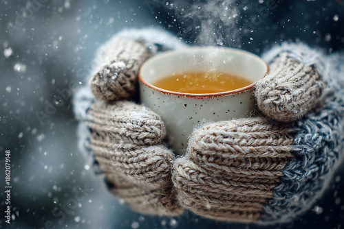 Cozy hands in mittens cradling steaming hot tea on snowy day
