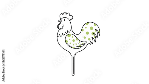 Simple line art drawing of a rooster-shaped lollipop is decorated with a pattern of green polka dots, representing a traditional candy.