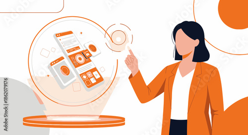 Business woman interacts with a digital interface holographic projection for data analysis and