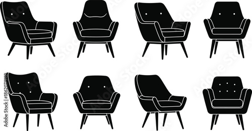 armchair silhouettes set, modern furniture collection, black vector lounge chairs, mid century seating designs, interior decor clipart pack
