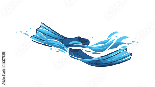 Pair of bright blue diving fins is shown creating a splash among stylized turquoise waves, representing active summer water sports.
