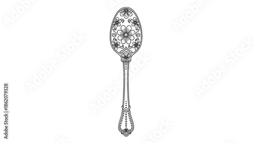 Elegant black and white line art of a vintage spoon features intricate floral patterns and decorative details on its bowl and handle.