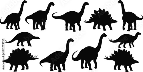 dinosaur silhouettes set, prehistoric animals collection, black vector reptiles, jurassic creatures pack, sauropod stegosaurus shapes, clipart bundle