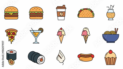 Assorted Cartoon Food Items and Desserts.