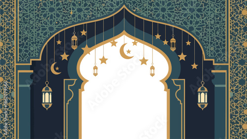 Ornate mosque entrance with hanging lanterns