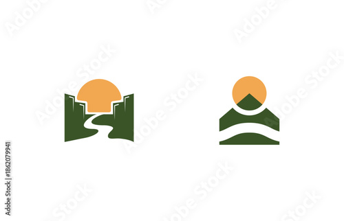 Modern construction and real estate logo set with mountain, house, and sun symbols
