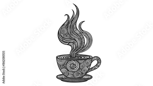 Steaming cup of coffee with intricate designs