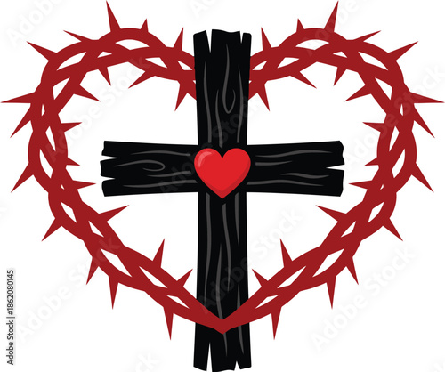 Christian Cross with Heart and Crown of Thorns Love Symbol Set on White Background